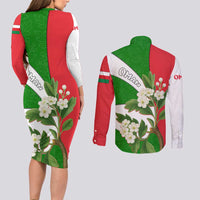 Oman Couples Matching Long Sleeve Bodycon Dress and Long Sleeve Button Shirt with White Blossom Floral Design and National Flag Colors