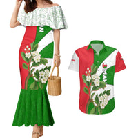 Oman Couples Matching Mermaid Dress and Hawaiian Shirt with White Blossom Floral Design and National Flag Colors