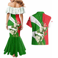 Oman Couples Matching Mermaid Dress and Hawaiian Shirt with White Blossom Floral Design and National Flag Colors