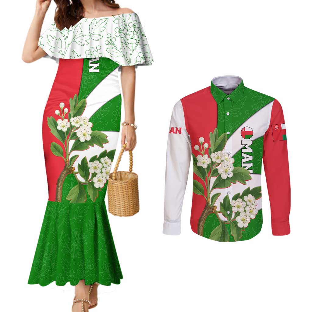 Oman Couples Matching Mermaid Dress and Long Sleeve Button Shirt with White Blossom Floral Design and National Flag Colors