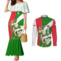 Oman Couples Matching Mermaid Dress and Long Sleeve Button Shirt with White Blossom Floral Design and National Flag Colors