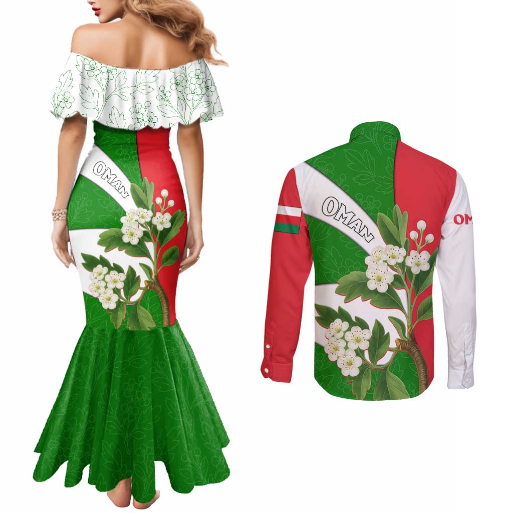Oman Couples Matching Mermaid Dress and Long Sleeve Button Shirt with White Blossom Floral Design and National Flag Colors