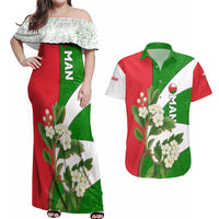 Oman Couples Matching Off Shoulder Maxi Dress and Hawaiian Shirt with White Blossom Floral Design and National Flag Colors