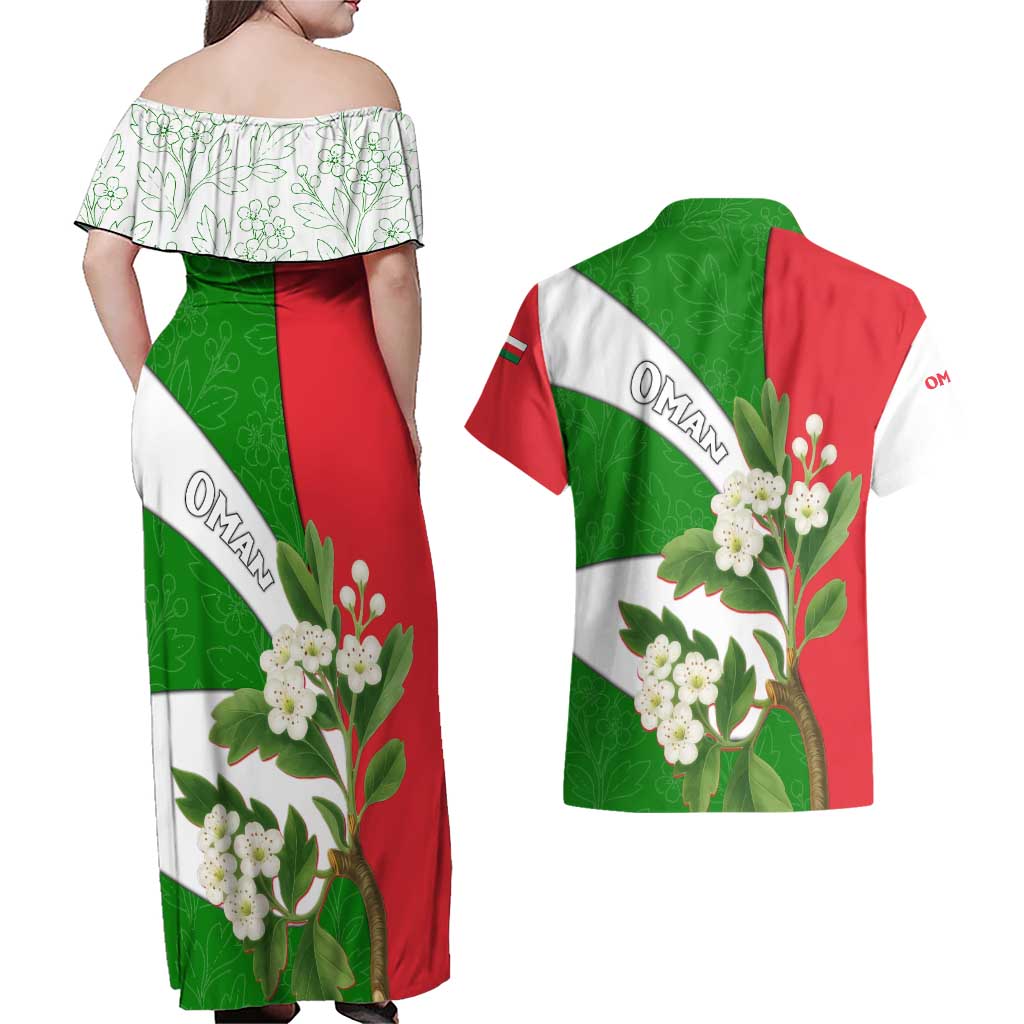 Oman Couples Matching Off Shoulder Maxi Dress and Hawaiian Shirt with White Blossom Floral Design and National Flag Colors