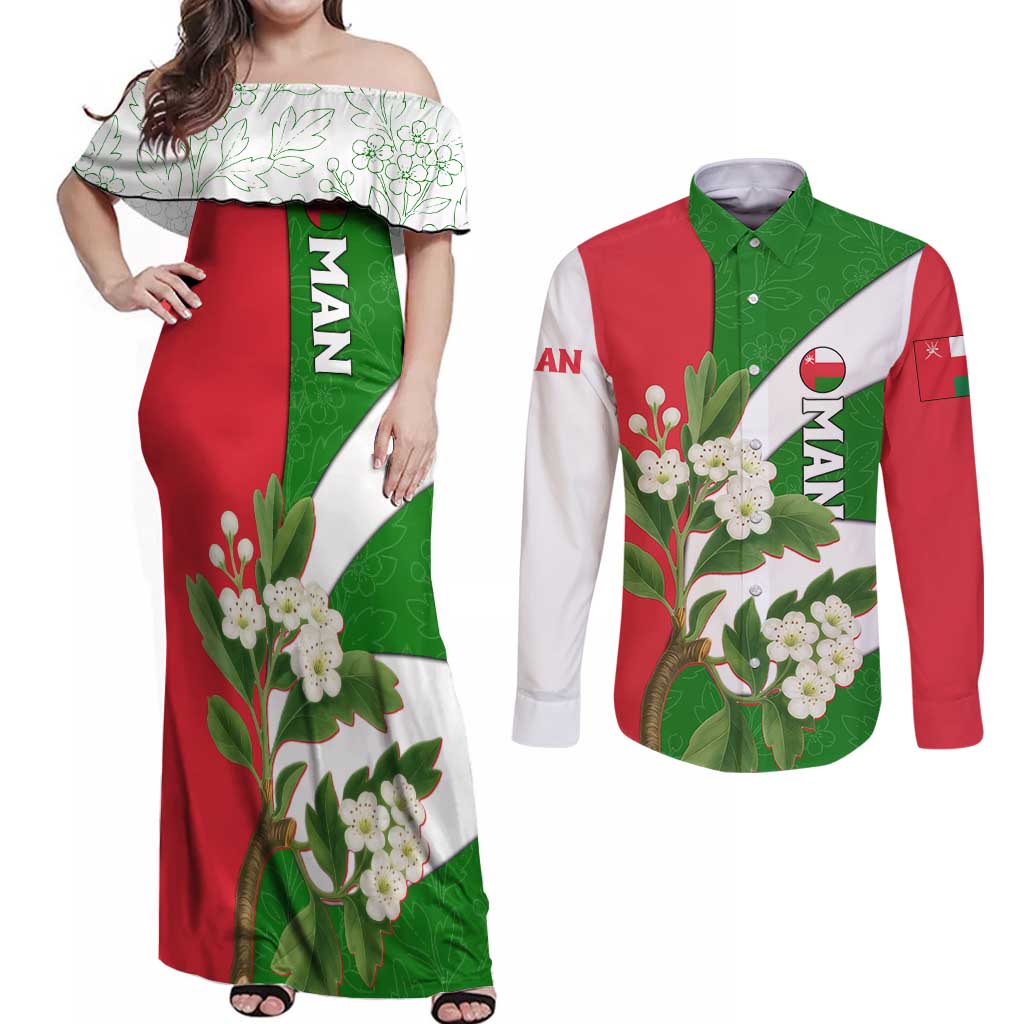 Oman Couples Matching Off Shoulder Maxi Dress and Long Sleeve Button Shirt with White Blossom Floral Design and National Flag Colors