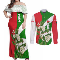 Oman Couples Matching Off Shoulder Maxi Dress and Long Sleeve Button Shirt with White Blossom Floral Design and National Flag Colors