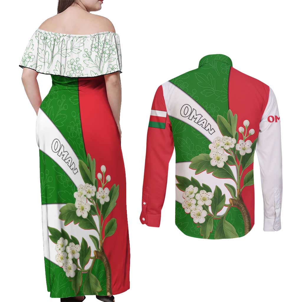 Oman Couples Matching Off Shoulder Maxi Dress and Long Sleeve Button Shirt with White Blossom Floral Design and National Flag Colors