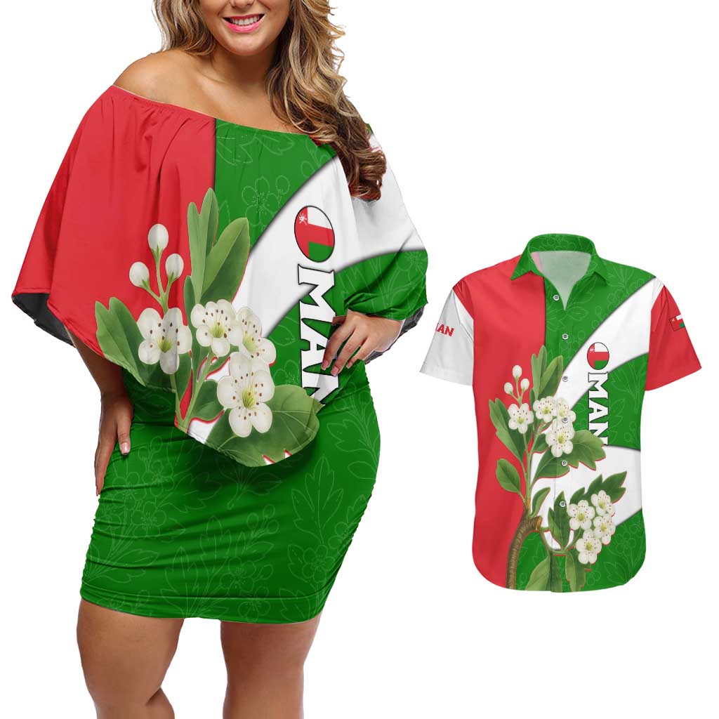 Oman Couples Matching Off Shoulder Short Dress and Hawaiian Shirt with White Blossom Floral Design and National Flag Colors