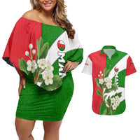 Oman Couples Matching Off Shoulder Short Dress and Hawaiian Shirt with White Blossom Floral Design and National Flag Colors