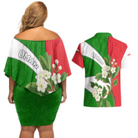 Oman Couples Matching Off Shoulder Short Dress and Hawaiian Shirt with White Blossom Floral Design and National Flag Colors