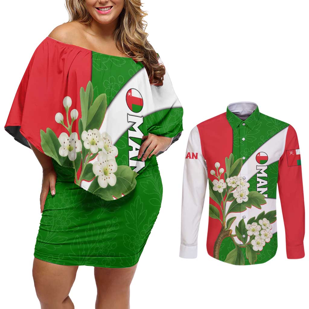 Oman Couples Matching Off Shoulder Short Dress and Long Sleeve Button Shirt with White Blossom Floral Design and National Flag Colors