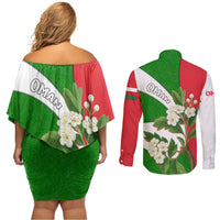 Oman Couples Matching Off Shoulder Short Dress and Long Sleeve Button Shirt with White Blossom Floral Design and National Flag Colors