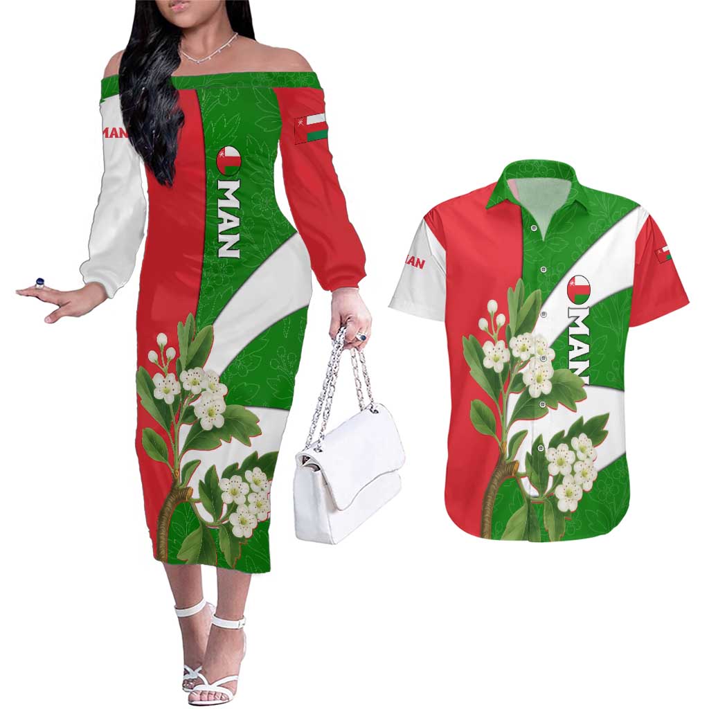Oman Couples Matching Off The Shoulder Long Sleeve Dress and Hawaiian Shirt with White Blossom Floral Design and National Flag Colors