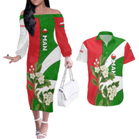 Oman Couples Matching Off The Shoulder Long Sleeve Dress and Hawaiian Shirt with White Blossom Floral Design and National Flag Colors