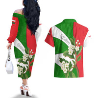 Oman Couples Matching Off The Shoulder Long Sleeve Dress and Hawaiian Shirt with White Blossom Floral Design and National Flag Colors
