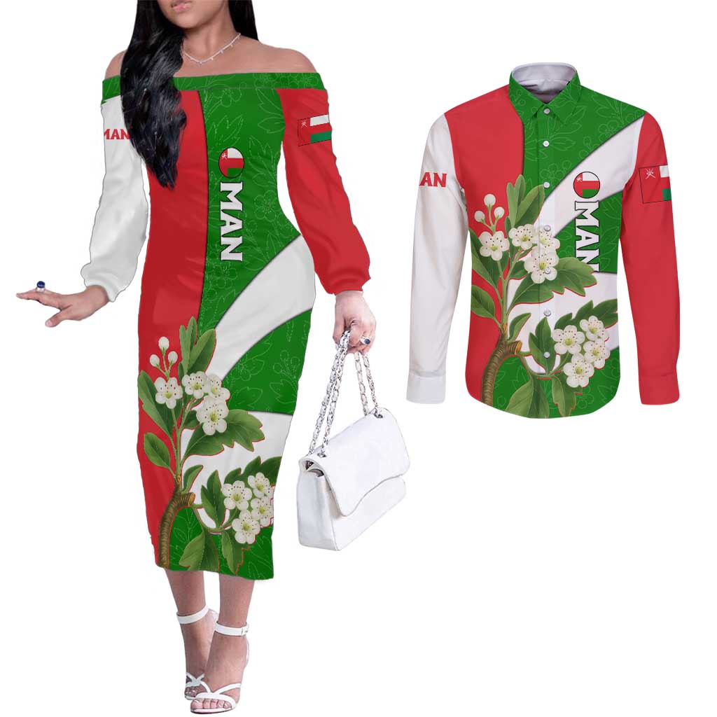 Oman Couples Matching Off The Shoulder Long Sleeve Dress and Long Sleeve Button Shirt with White Blossom Floral Design and National Flag Colors