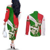Oman Couples Matching Off The Shoulder Long Sleeve Dress and Long Sleeve Button Shirt with White Blossom Floral Design and National Flag Colors