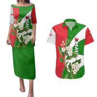 Oman Couples Matching Puletasi and Hawaiian Shirt with White Blossom Floral Design and National Flag Colors