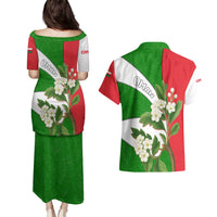 Oman Couples Matching Puletasi and Hawaiian Shirt with White Blossom Floral Design and National Flag Colors