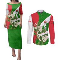 Oman Couples Matching Puletasi and Long Sleeve Button Shirt with White Blossom Floral Design and National Flag Colors