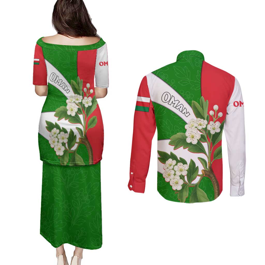 Oman Couples Matching Puletasi and Long Sleeve Button Shirt with White Blossom Floral Design and National Flag Colors