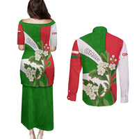 Oman Couples Matching Puletasi and Long Sleeve Button Shirt with White Blossom Floral Design and National Flag Colors