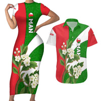 Oman Couples Matching Short Sleeve Bodycon Dress and Hawaiian Shirt with White Blossom Floral Design and National Flag Colors