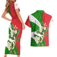 Oman Couples Matching Short Sleeve Bodycon Dress and Hawaiian Shirt with White Blossom Floral Design and National Flag Colors