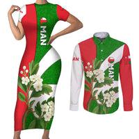 Oman Couples Matching Short Sleeve Bodycon Dress and Long Sleeve Button Shirt with White Blossom Floral Design and National Flag Colors