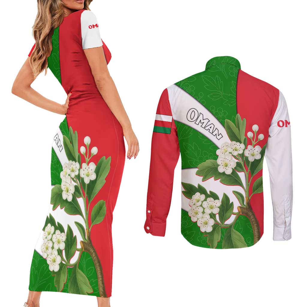 Oman Couples Matching Short Sleeve Bodycon Dress and Long Sleeve Button Shirt with White Blossom Floral Design and National Flag Colors