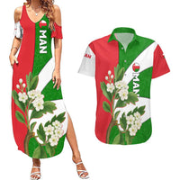 Oman Couples Matching Summer Maxi Dress and Hawaiian Shirt with White Blossom Floral Design and National Flag Colors