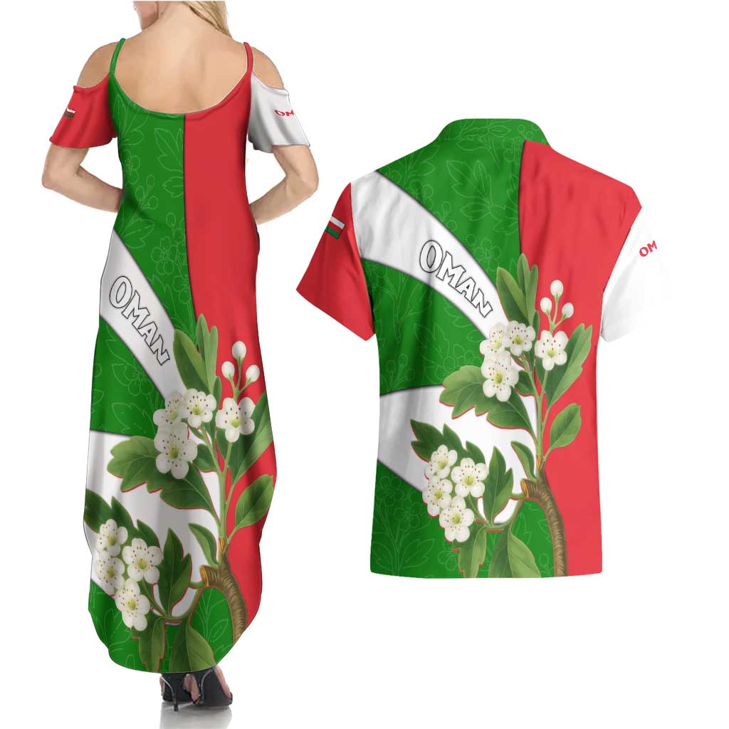 Oman Couples Matching Summer Maxi Dress and Hawaiian Shirt with White Blossom Floral Design and National Flag Colors