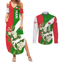 Oman Couples Matching Summer Maxi Dress and Long Sleeve Button Shirt with White Blossom Floral Design and National Flag Colors