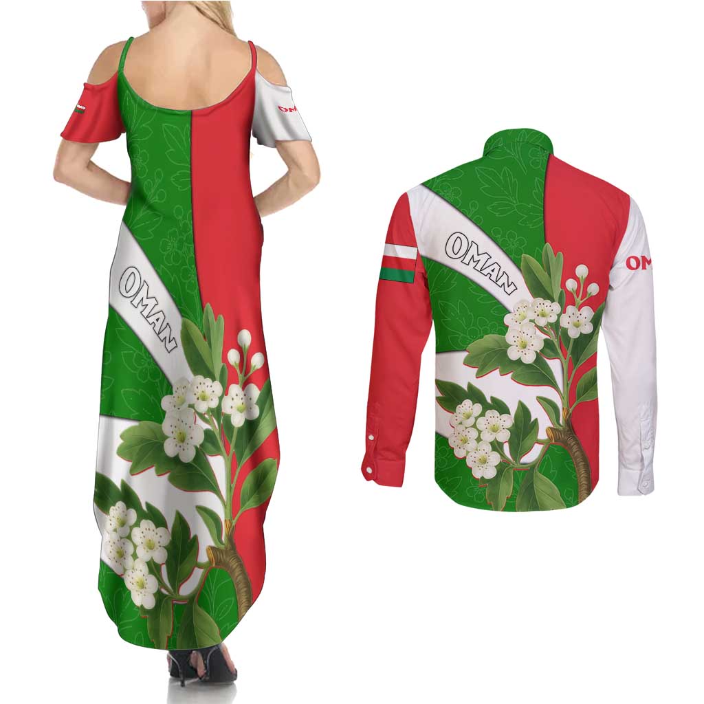 Oman Couples Matching Summer Maxi Dress and Long Sleeve Button Shirt with White Blossom Floral Design and National Flag Colors