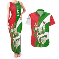 Oman Couples Matching Tank Maxi Dress and Hawaiian Shirt with White Blossom Floral Design and National Flag Colors