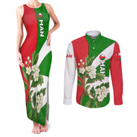 Oman Couples Matching Tank Maxi Dress and Long Sleeve Button Shirt with White Blossom Floral Design and National Flag Colors