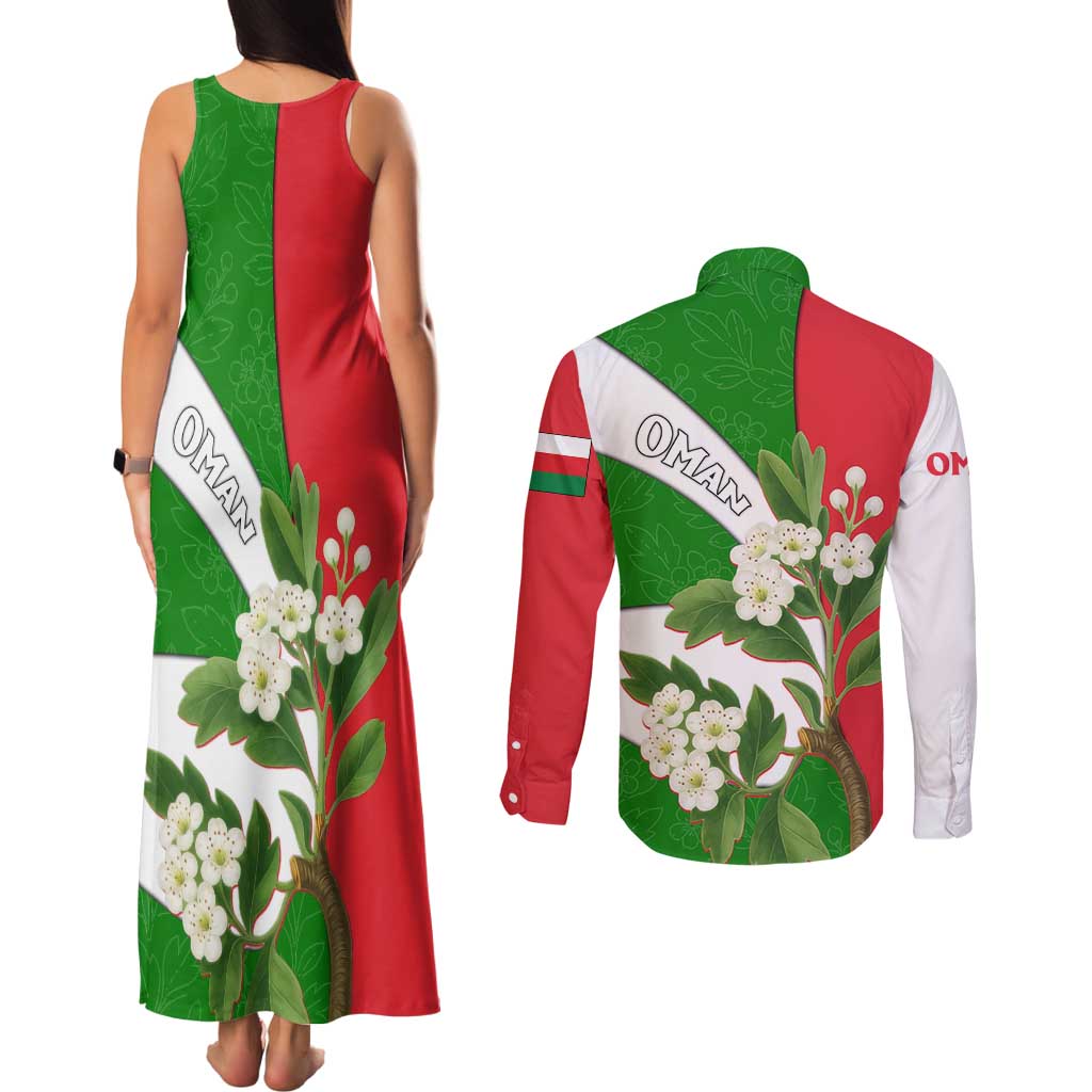Oman Couples Matching Tank Maxi Dress and Long Sleeve Button Shirt with White Blossom Floral Design and National Flag Colors