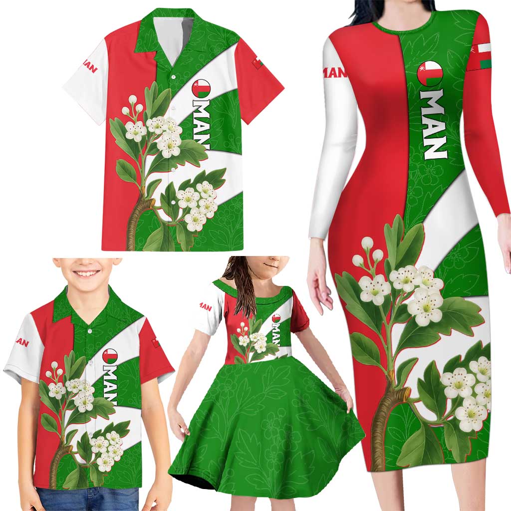 Oman Family Matching Long Sleeve Bodycon Dress and Hawaiian Shirt with White Blossom Floral Design and National Flag Colors
