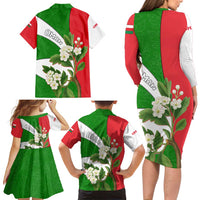 Oman Family Matching Long Sleeve Bodycon Dress and Hawaiian Shirt with White Blossom Floral Design and National Flag Colors