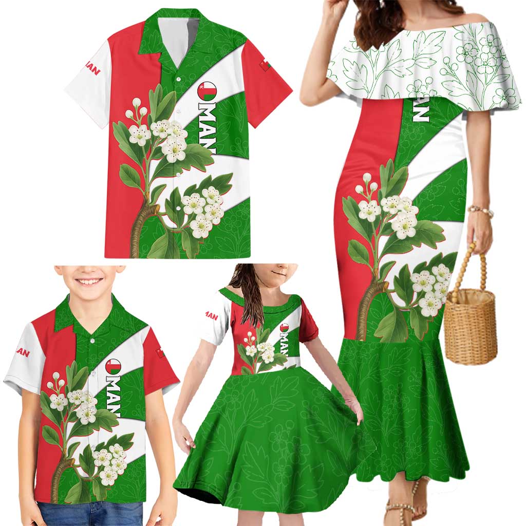 Oman Family Matching Mermaid Dress and Hawaiian Shirt with White Blossom Floral Design and National Flag Colors