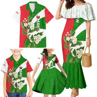 Oman Family Matching Mermaid Dress and Hawaiian Shirt with White Blossom Floral Design and National Flag Colors