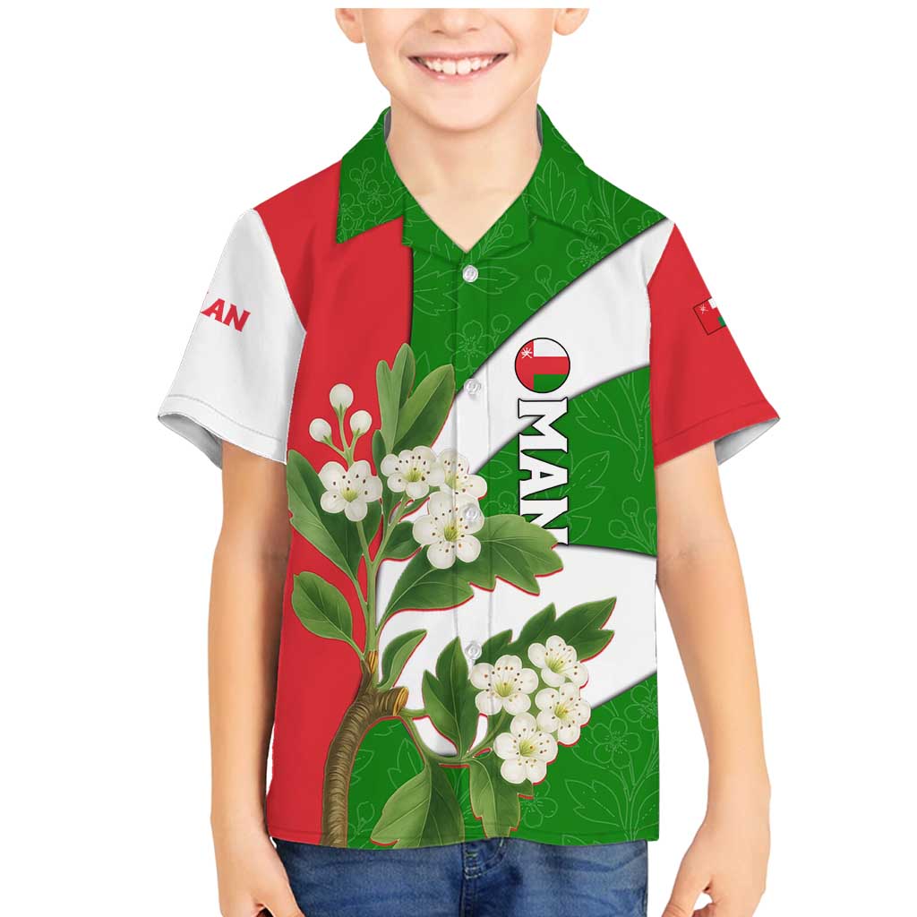 Oman Family Matching Mermaid Dress and Hawaiian Shirt with White Blossom Floral Design and National Flag Colors