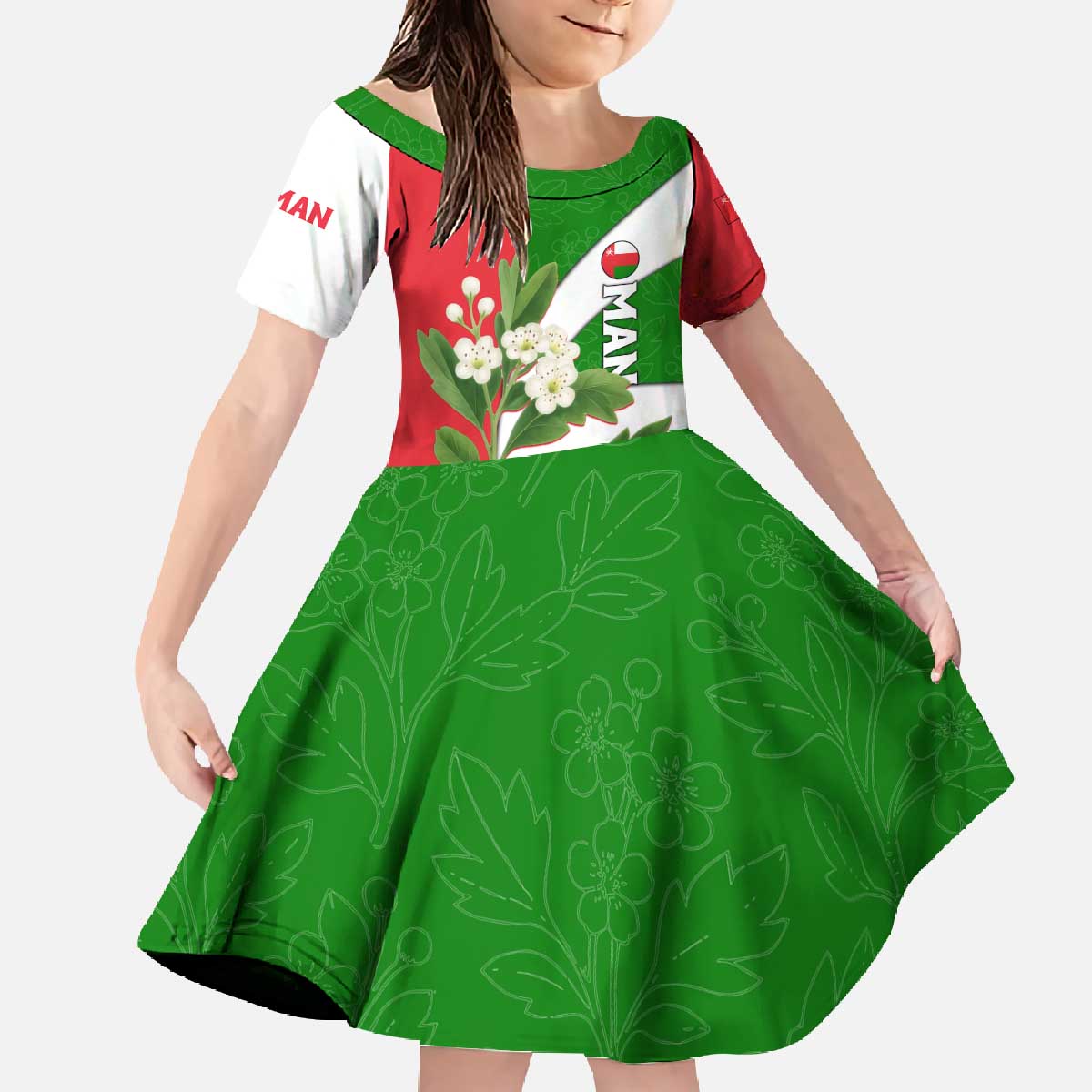 Oman Family Matching Off The Shoulder Long Sleeve Dress and Hawaiian Shirt with White Blossom Floral Design and National Flag Colors