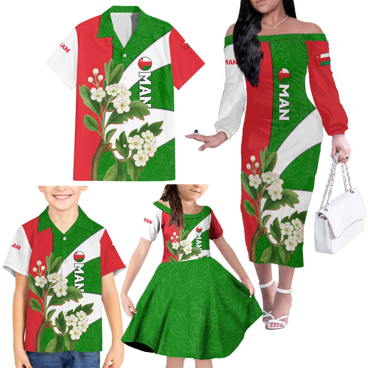 Oman Family Matching Off The Shoulder Long Sleeve Dress and Hawaiian Shirt with White Blossom Floral Design and National Flag Colors