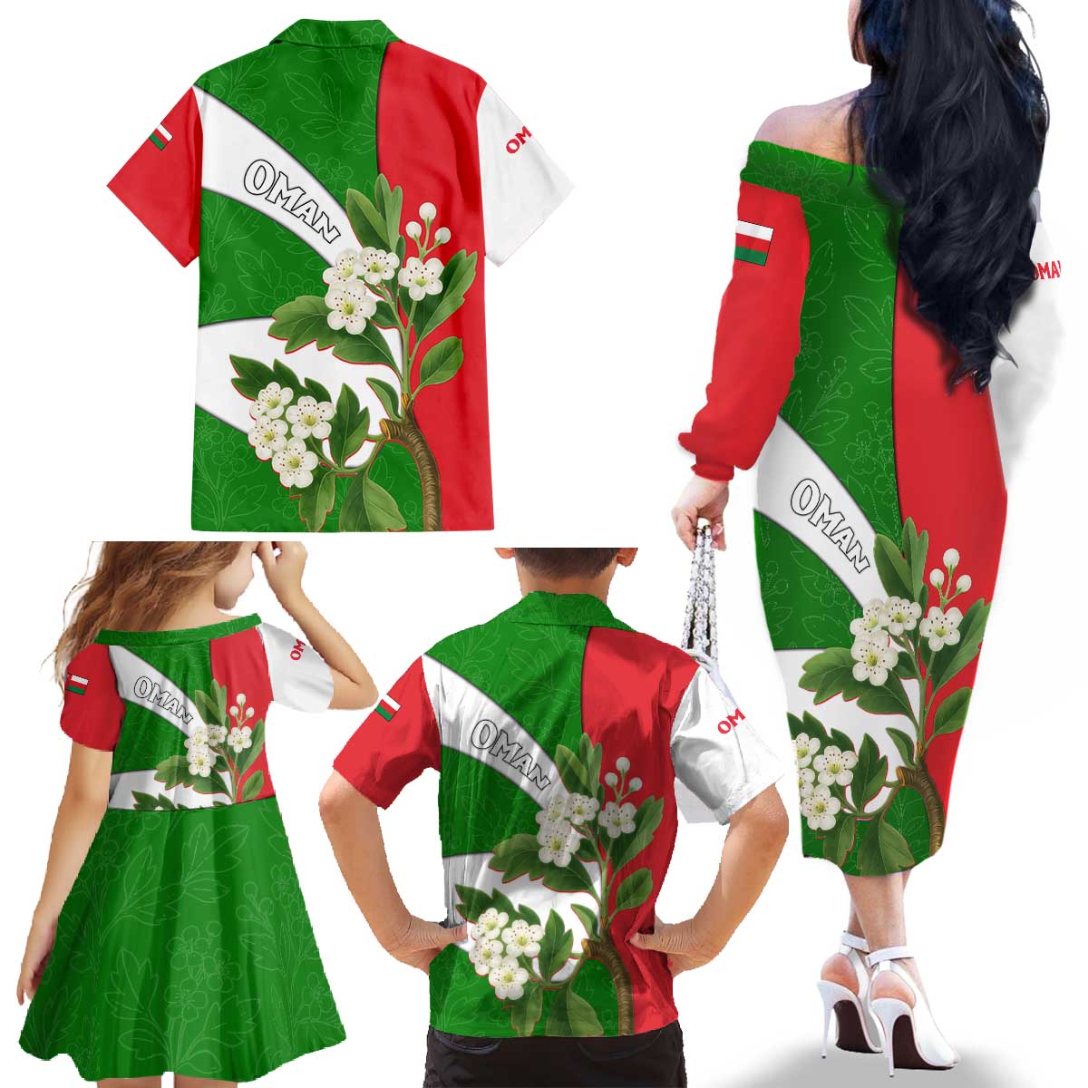 Oman Family Matching Off The Shoulder Long Sleeve Dress and Hawaiian Shirt with White Blossom Floral Design and National Flag Colors