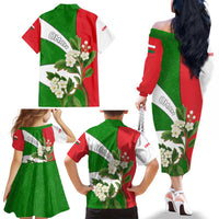 Oman Family Matching Off The Shoulder Long Sleeve Dress and Hawaiian Shirt with White Blossom Floral Design and National Flag Colors