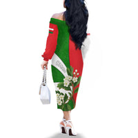Oman Family Matching Off The Shoulder Long Sleeve Dress and Hawaiian Shirt with White Blossom Floral Design and National Flag Colors