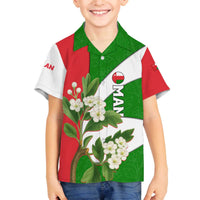 Oman Family Matching Off The Shoulder Long Sleeve Dress and Hawaiian Shirt with White Blossom Floral Design and National Flag Colors