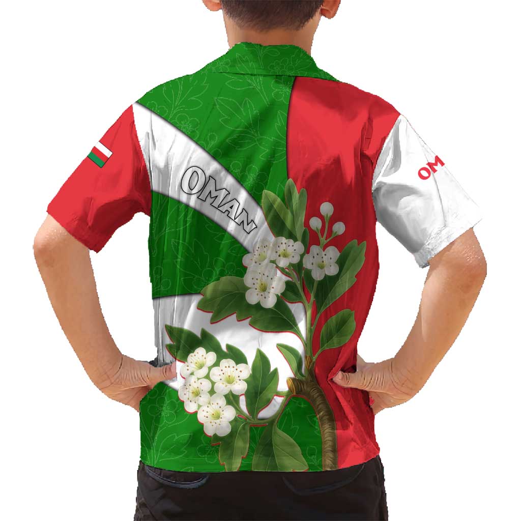 Oman Family Matching Off Shoulder Maxi Dress and Hawaiian Shirt with White Blossom Floral Design and National Flag Colors