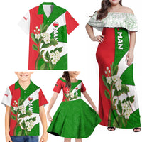 Oman Family Matching Off Shoulder Maxi Dress and Hawaiian Shirt with White Blossom Floral Design and National Flag Colors